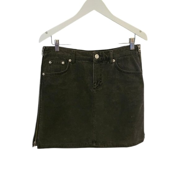 French Connection Zip-Up Black Denim Mini Skirt W/Side Zipper & Pockets Size 10 - Picture 1 of 10